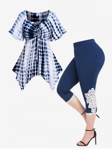 Lace Up Ruched Tie Dye Handkerchief Blouse and Capri Leggings Plus Size Outfits - BLUE