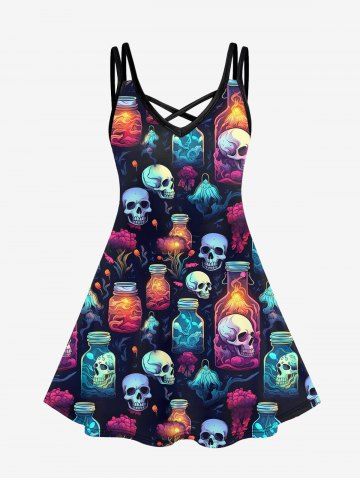 Gothic Skull Bottle Flower Glitter Print Crisscross Cami Dress - MULTI-A - 4X