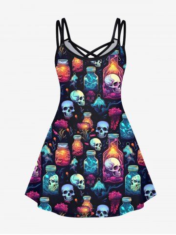 Gothic Skull Bottle Flower Glitter Print Crisscross Cami Dress