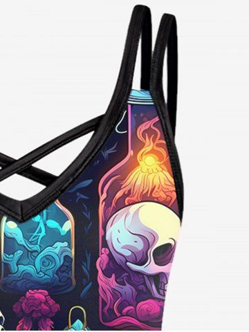 Gothic Skull Bottle Flower Glitter Print Crisscross Cami Dress