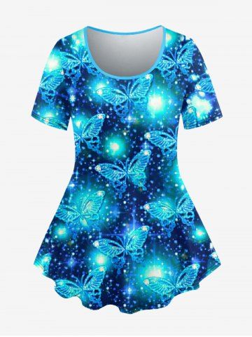Plus Size Galaxy Butterfly Glitter Print T-shirt - BLUE - 5X