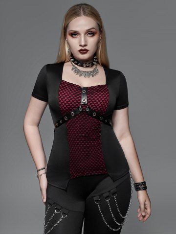 Gothic Fishnet Overlay PU Leather Straps Grommets Top