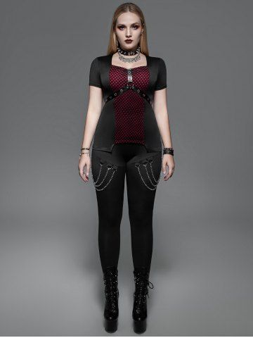 Gothic Fishnet Overlay PU Leather Straps Grommets Top