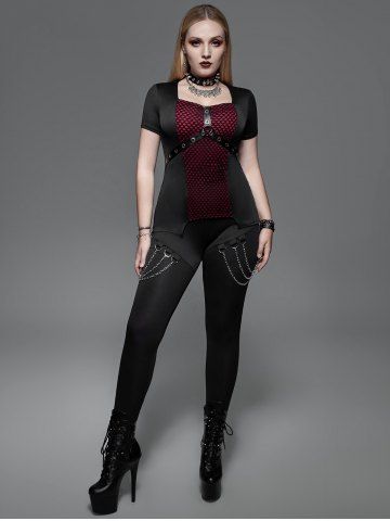 Gothic Fishnet Overlay PU Leather Straps Grommets Top