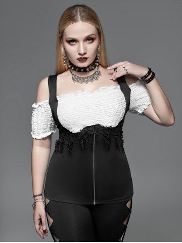 Gothic Frilled Butterfly Lace Panel Zippered Two Tone Cold Shoulder Top - BLACK - 4X | US 26-28