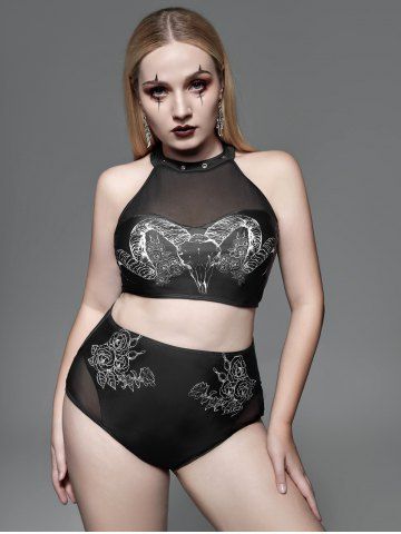 Gothic Sheer Mesh Panel Rose Bull Head Print Grommets Bikini Swimsuit - BLACK - M | US 10