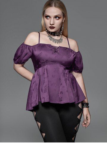 Gothic Floral Butterfly Embroidery Lace Up Cold Shoulder Top - PURPLE - 4X | US 26-28