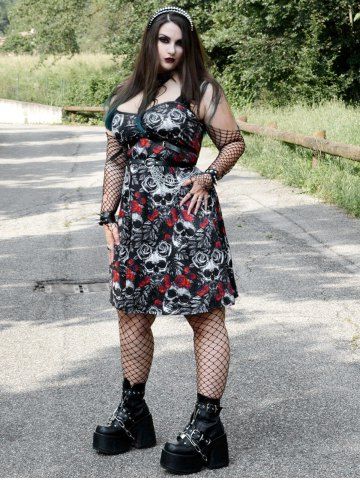 Gothic Skull Rose Print Sleeveless A Line Dress - BLACK - L | US 12