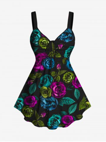 Plus Size Flower Print Cinched Tank Top