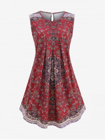 Plus Size Floral Paisley Print Pleated Dress - DEEP RED - XL
