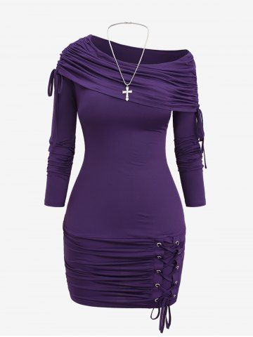 Plus Size Lace Up Cinched Ruched Skew Neck Dress and Cross Necklace Set - PURPLE - 4X | US 26-28