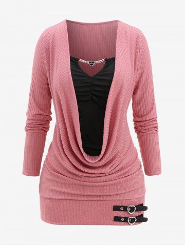 Plus Size Chain Panel Ruched Buckles Textured Ribbed 2 In 1 Sweater - Light Pink - 1x | Us 14-16