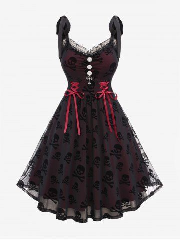 Plus Size Skulls Print Mesh Layered Lace Up Buttons Cross Ruched Dress - BLACK - L | US 12