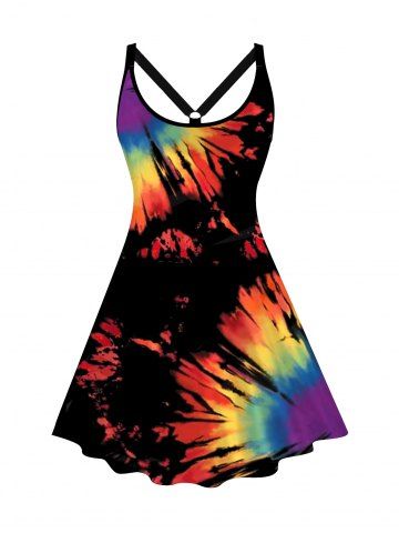 Plus Size Spiral Tie Dye Print U Neck A Line Casual Mini Tank Dress - MULTI-A - L