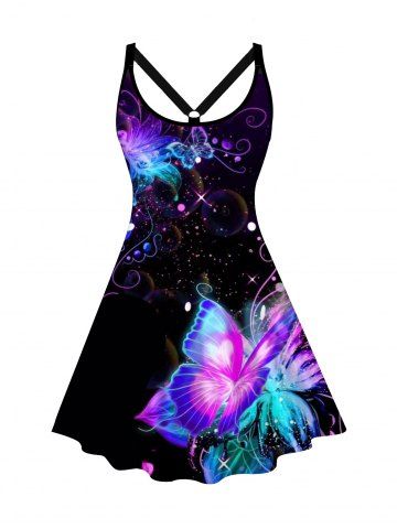 Plus Size Dreamy Butterfly Print Crossover A Line Casual Tank Dress - PURPLE - L