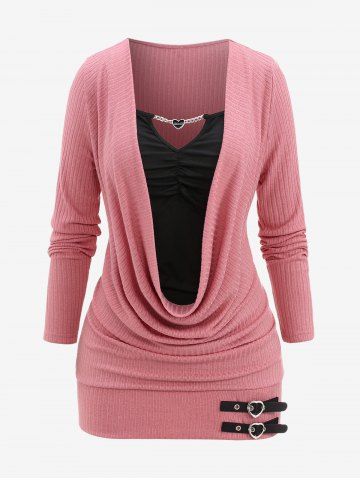 Pull 2 en 1 grande taille à empiècements en chaîne et boucles froncées, en maille côtelée texturée - LIGHT PINK - 5X | US 30-32