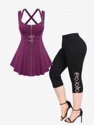 Heart Buckle Grommet Full Zipper Crisscross Strappy Tank Top and Lace Panel Cropped Leggings Plus Size Outfits -  