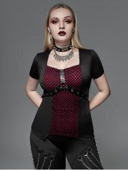 Gothic Fishnet Overlay PU Leather Straps Grommets Top -  
