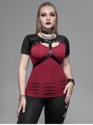 Gothic Grommet PU Leather Strap Ripped Short Sleeve T-Shirt -  