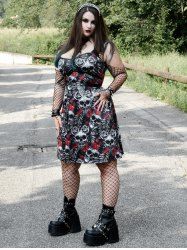 Gothic Skull Rose Print Sleeveless A Line Dress -  