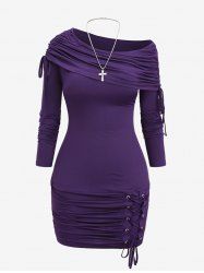 Plus Size Lace Up Cinched Ruched Skew Neck Dress and Cross Necklace Set -  