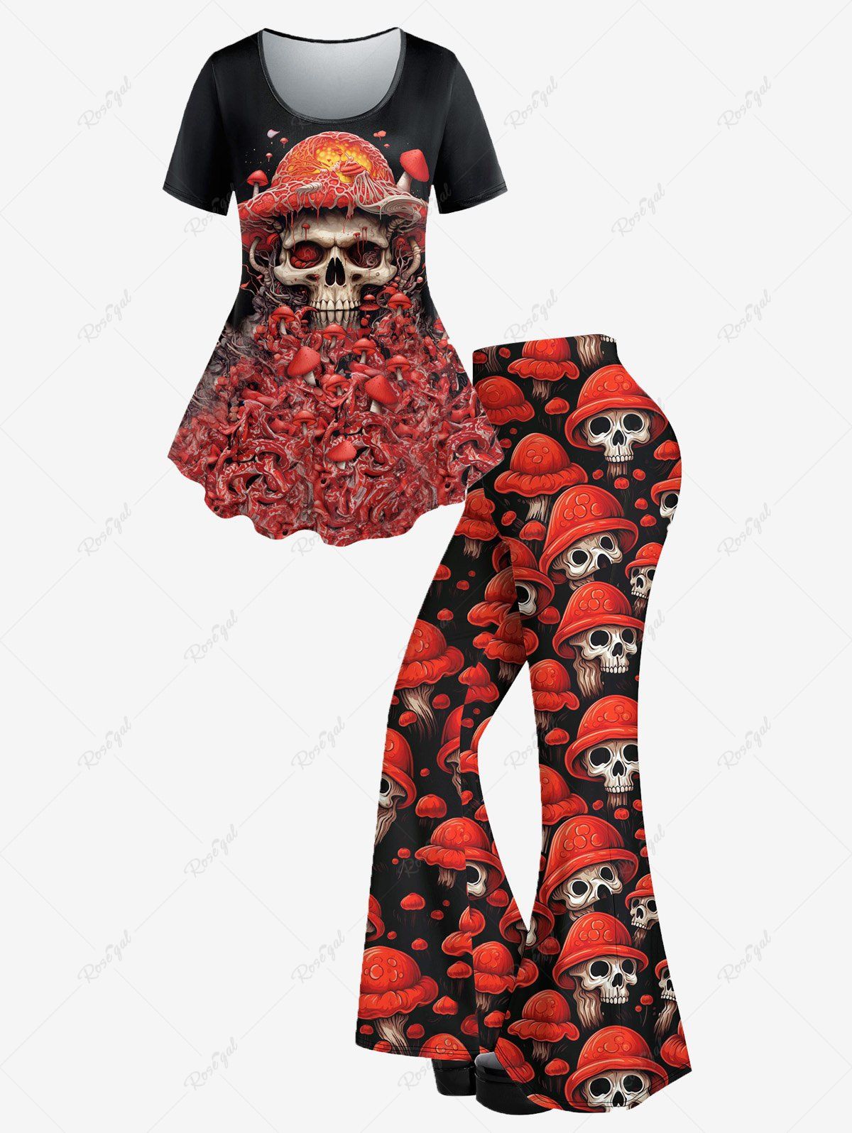 Latest Skull Mushroom Bloody Hat Print Short Sleeves T-shirt And Skull Mushroom Hat Print Flare Pants Gothic Outfit  