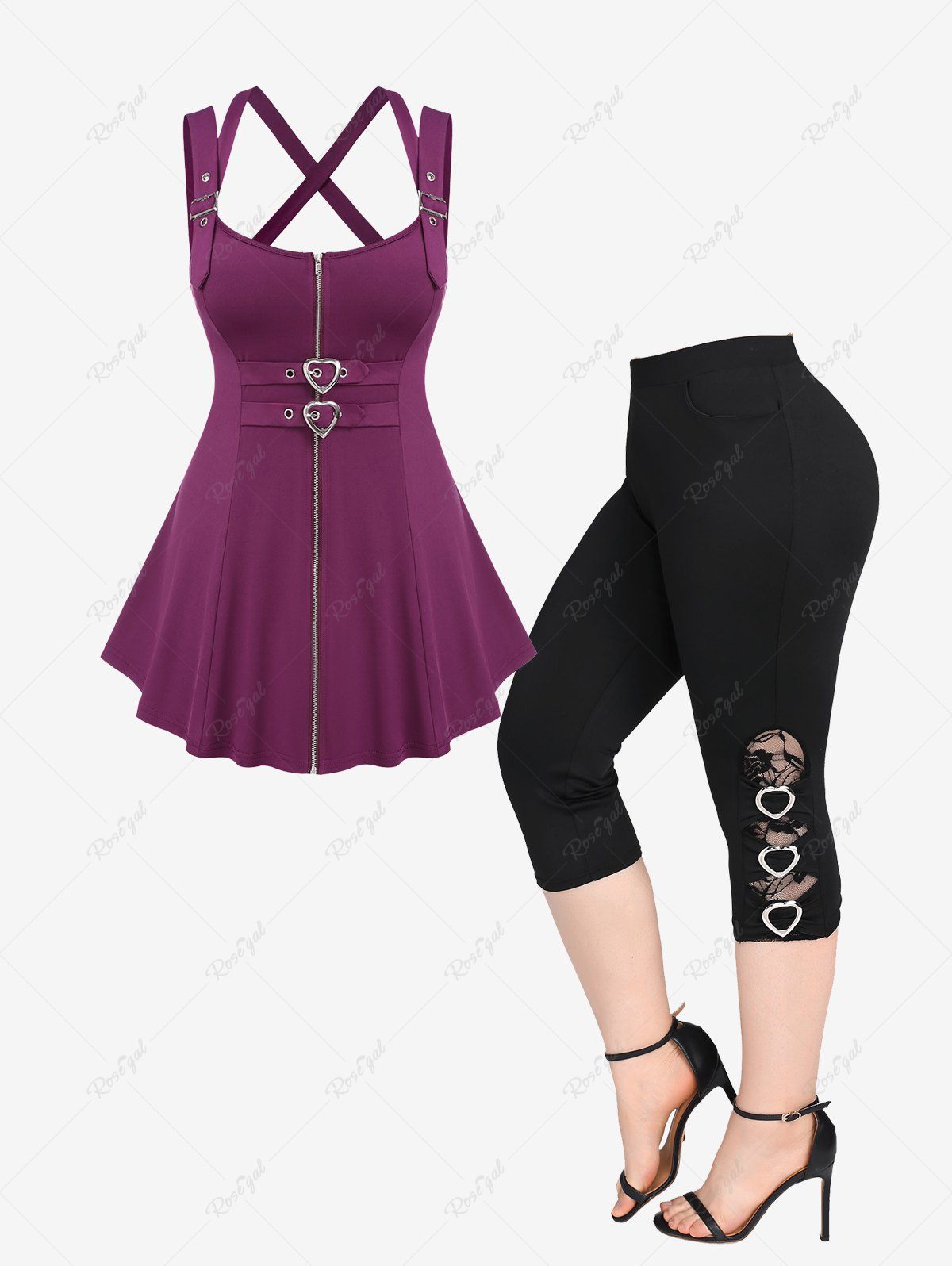 Unique Heart Buckle Grommet Full Zipper Crisscross Strappy Tank Top and Lace Panel Cropped Leggings Plus Size Outfits  