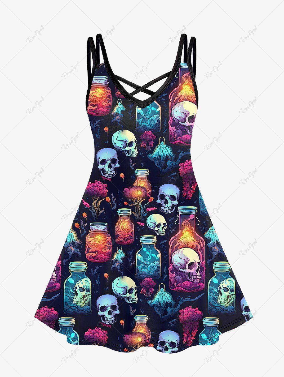 Outfit Gothic Skull Bottle Flower Glitter Print Crisscross Cami Dress  