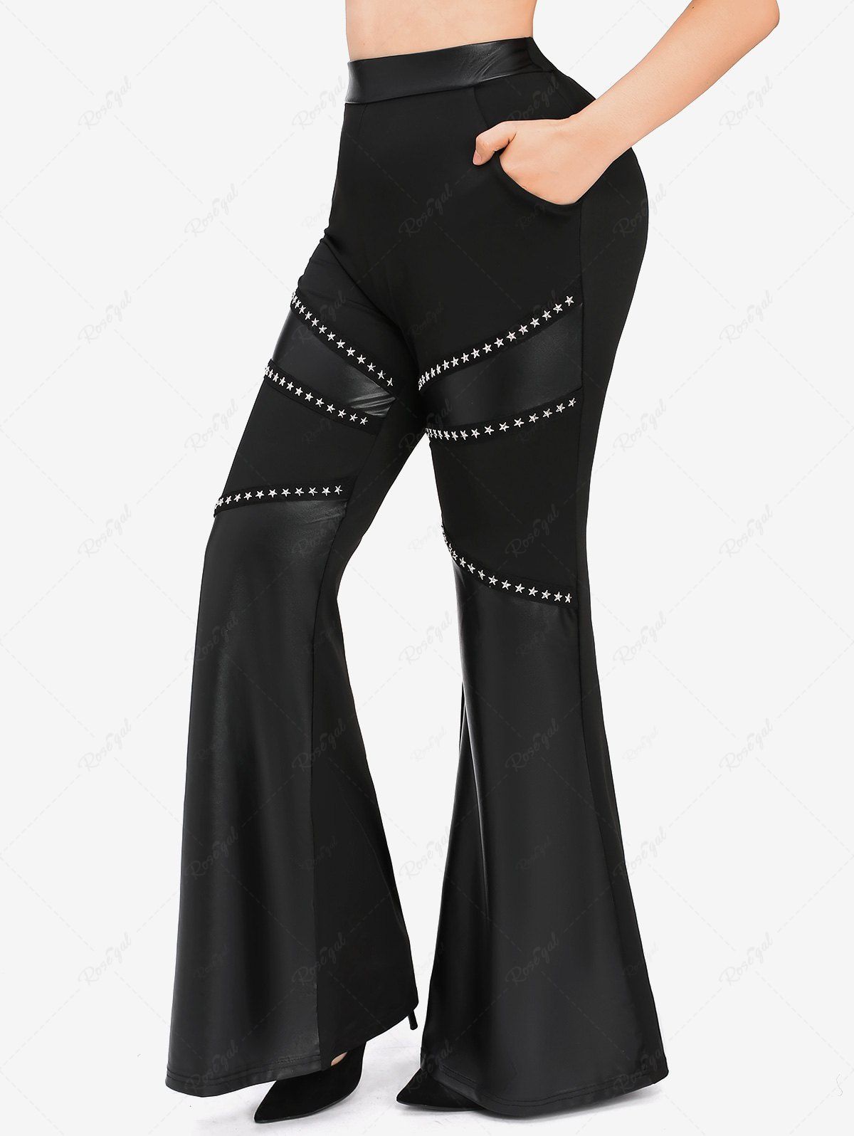 New Plus Size Star Rivet PU Leather Patchwork Flare Pants  