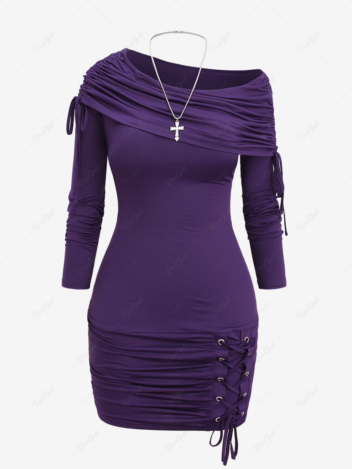 New Plus Size Lace Up Cinched Ruched Skew Neck Dress and Cross Necklace Set  
