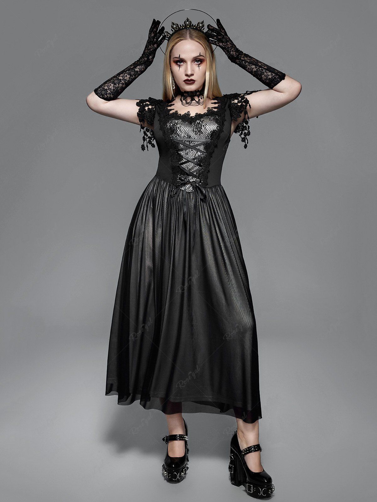 Fashion Gothic Guipure Lace Panel Mesh Tassels Lace-up Sleeveless Maxi Dress  
