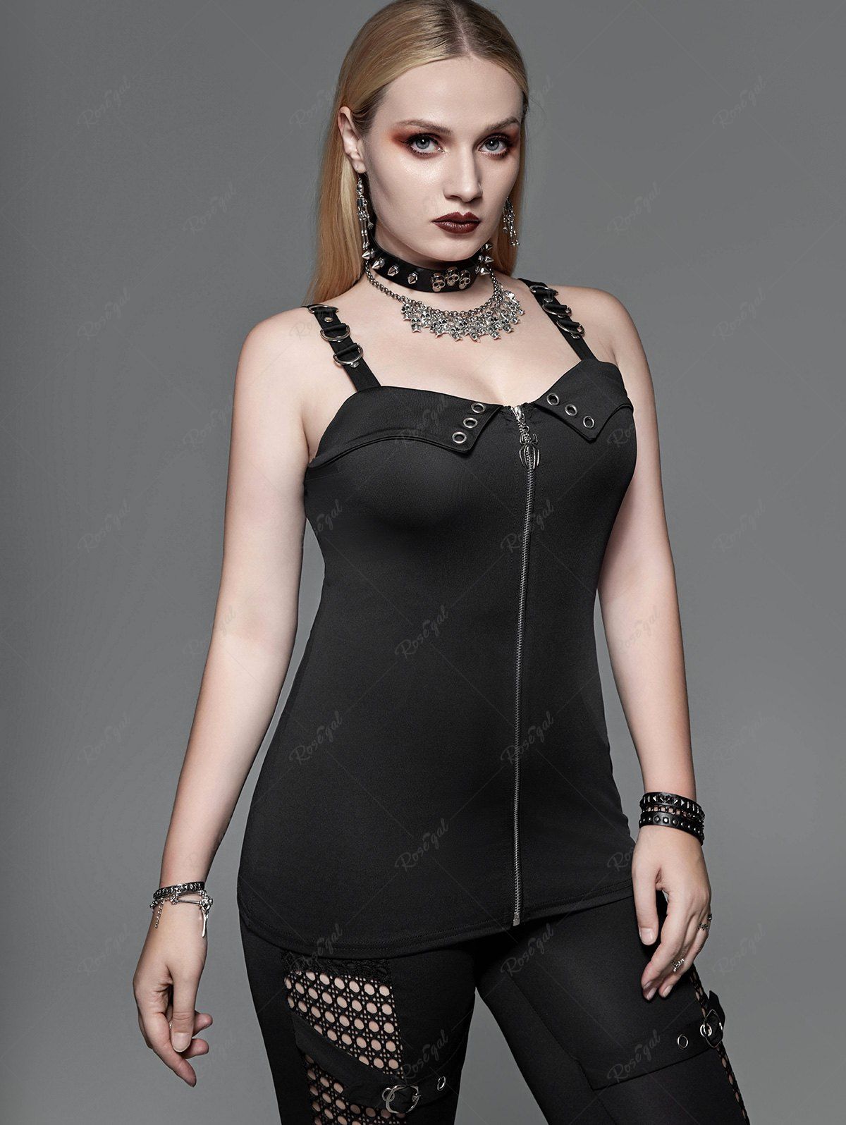 Store Gothic D-ring Spider Zip Front Grommets Tank Top  