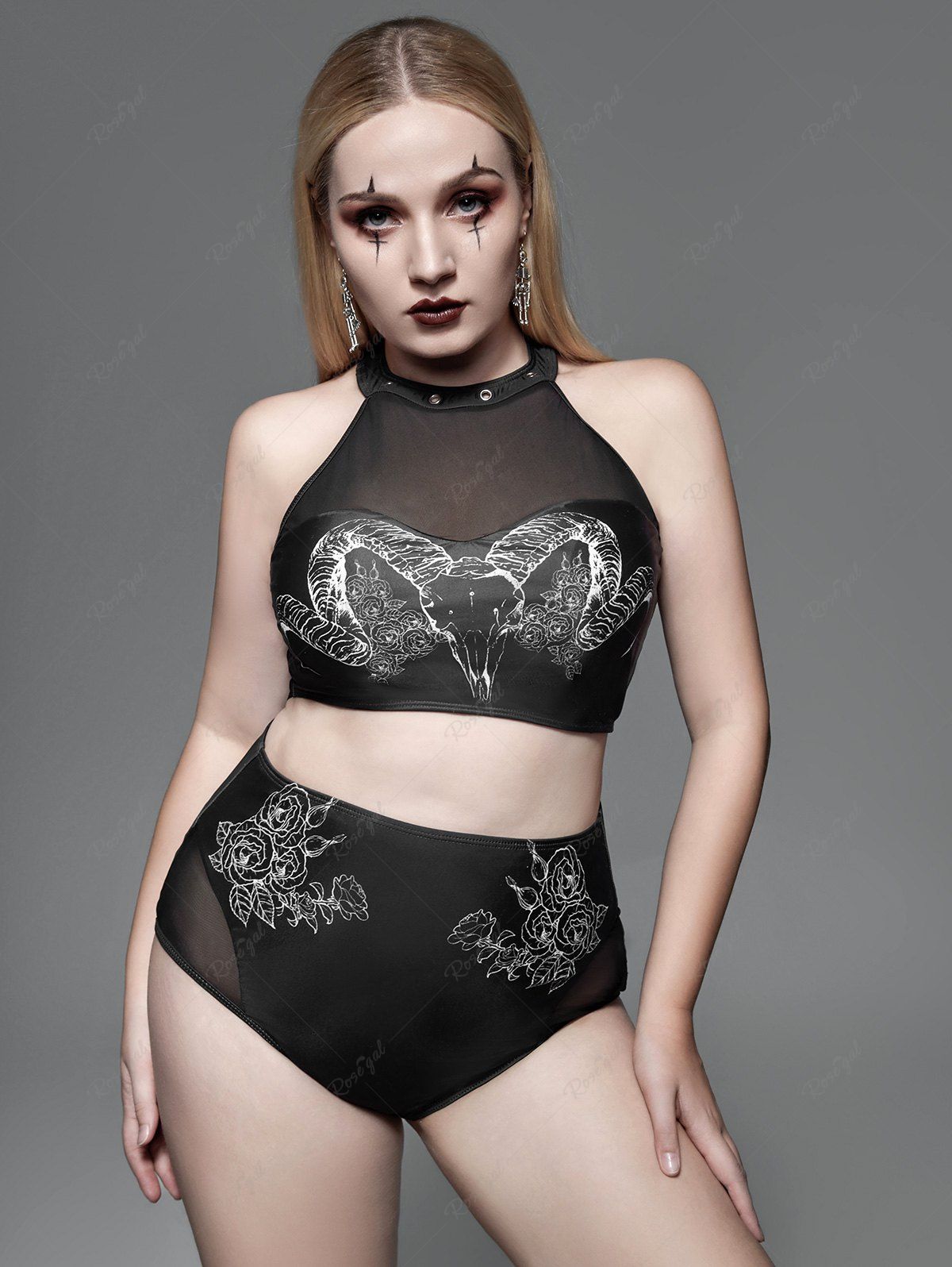 Online Gothic Sheer Mesh Panel Rose Bull Head Print Grommets Bikini Swimsuit  