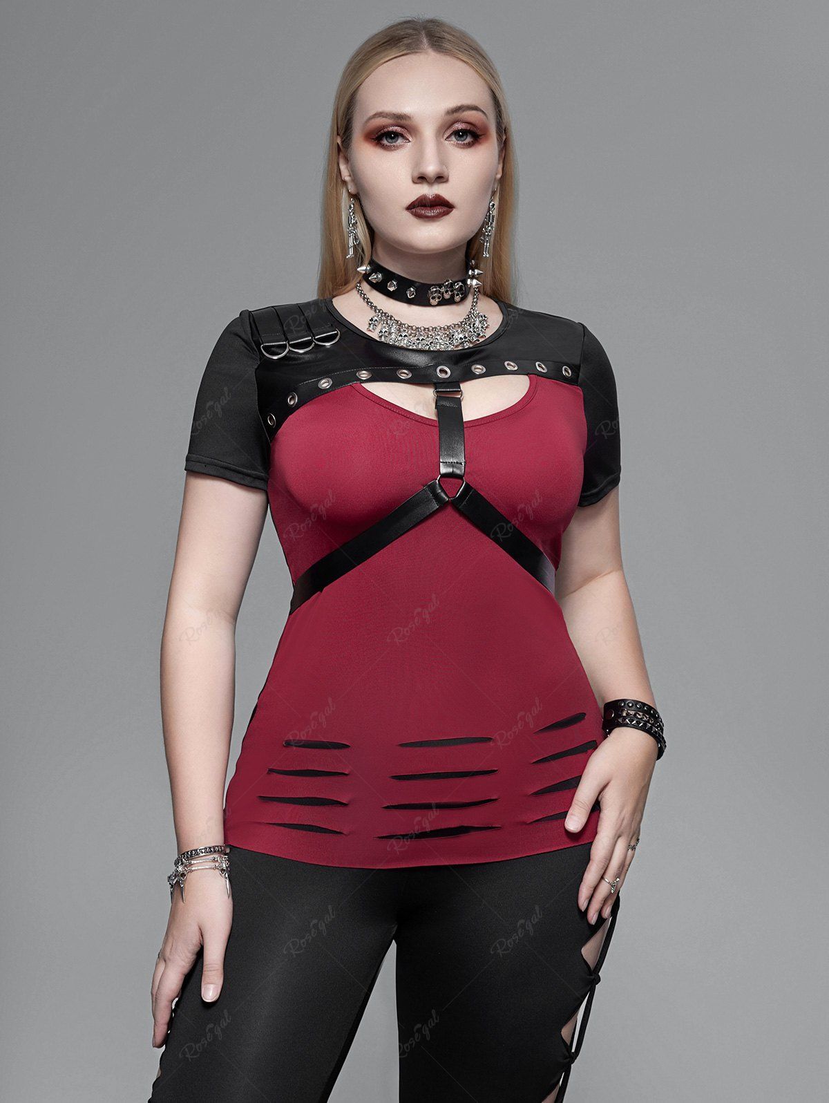Store Gothic Grommet PU Leather Strap Ripped Short Sleeve T-Shirt  