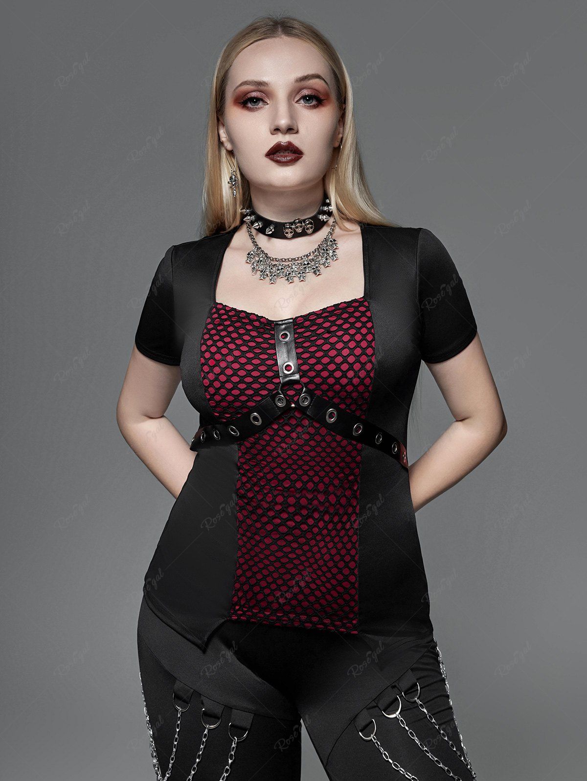 Sale Gothic Fishnet Overlay PU Leather Straps Grommets Top  