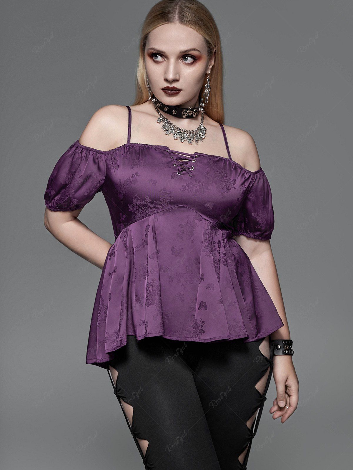 Fancy Gothic Floral Butterfly Embroidery Lace Up Cold Shoulder Top  