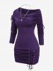 Plus Size Lace Up Cinched Ruched Skew Neck Dress and Cross Necklace Set -  