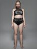 Gothic Sheer Mesh Panel Rose Bull Head Print Grommets Bikini Swimsuit -  