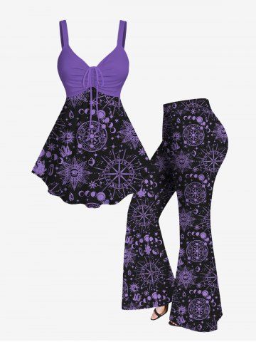 Plus Size Sun Moon Planet Eye Symbol Printed Cinched Cami Top and Flare Pants 70s 80s Outfit - PURPLE