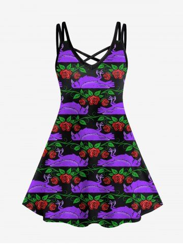 Gothic Floral Eagle Leaf Print Crisscross Cami Dress - PURPLE - L