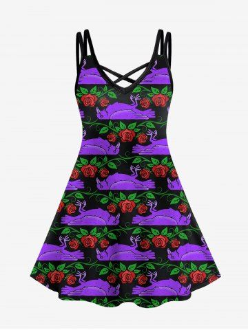 Gothic Floral Eagle Leaf Print Crisscross Cami Dress - PURPLE - 1X