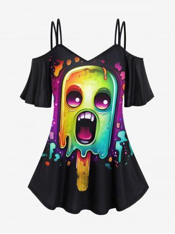 Gothic Cartoon Ghost Face Ice Cream Print Cold Shoulder Cami T-shirt - BLACK - XS