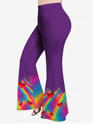 Plus Size Heart Rainbow Color Print Flare Pants - PURPLE - S