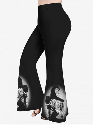 Halloween Plus Size Wizard Spider Cat Skull Print Flare Pants - BLACK - S