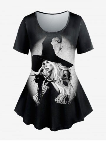 Halloween Plus Size Wizard Spider Skull Cat Print Short Sleeves T-shirt - BLACK - 6X
