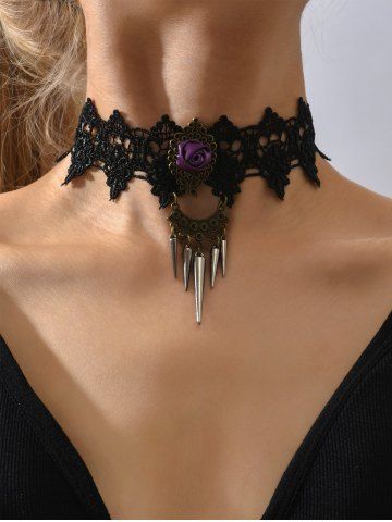 Vintage Lace Crochet Flower Studded Tassel Choker - BLACK