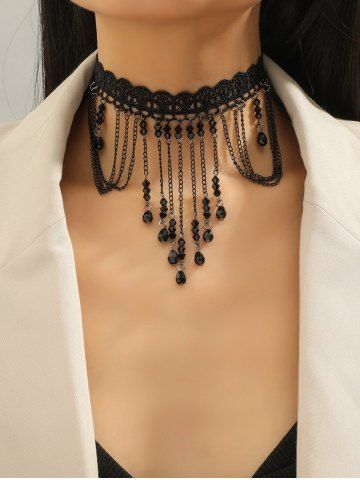 Faux Gem Chain Tassel Lace Necklace - BLACK