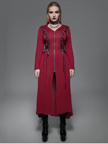 Gothic Plus Size Hooded Lace Up Front Zipper High Low Maxi Coat