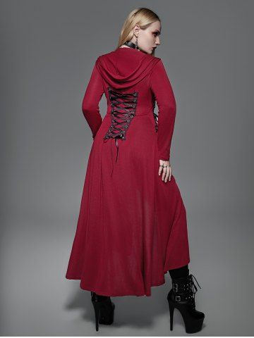 Gothic Plus Size Hooded Lace Up Front Zipper High Low Maxi Coat