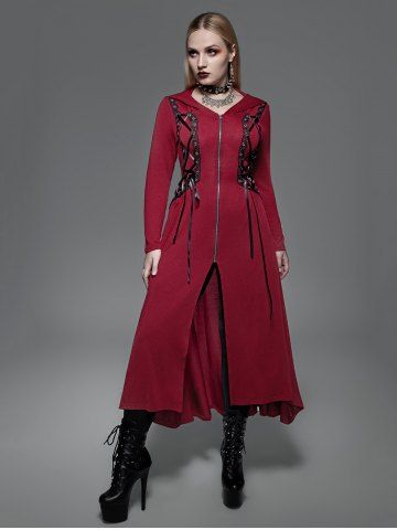 Plus Size Hooded Lace Up Front Zipper High Low Maxi Coat - DEEP RED - L | US 12